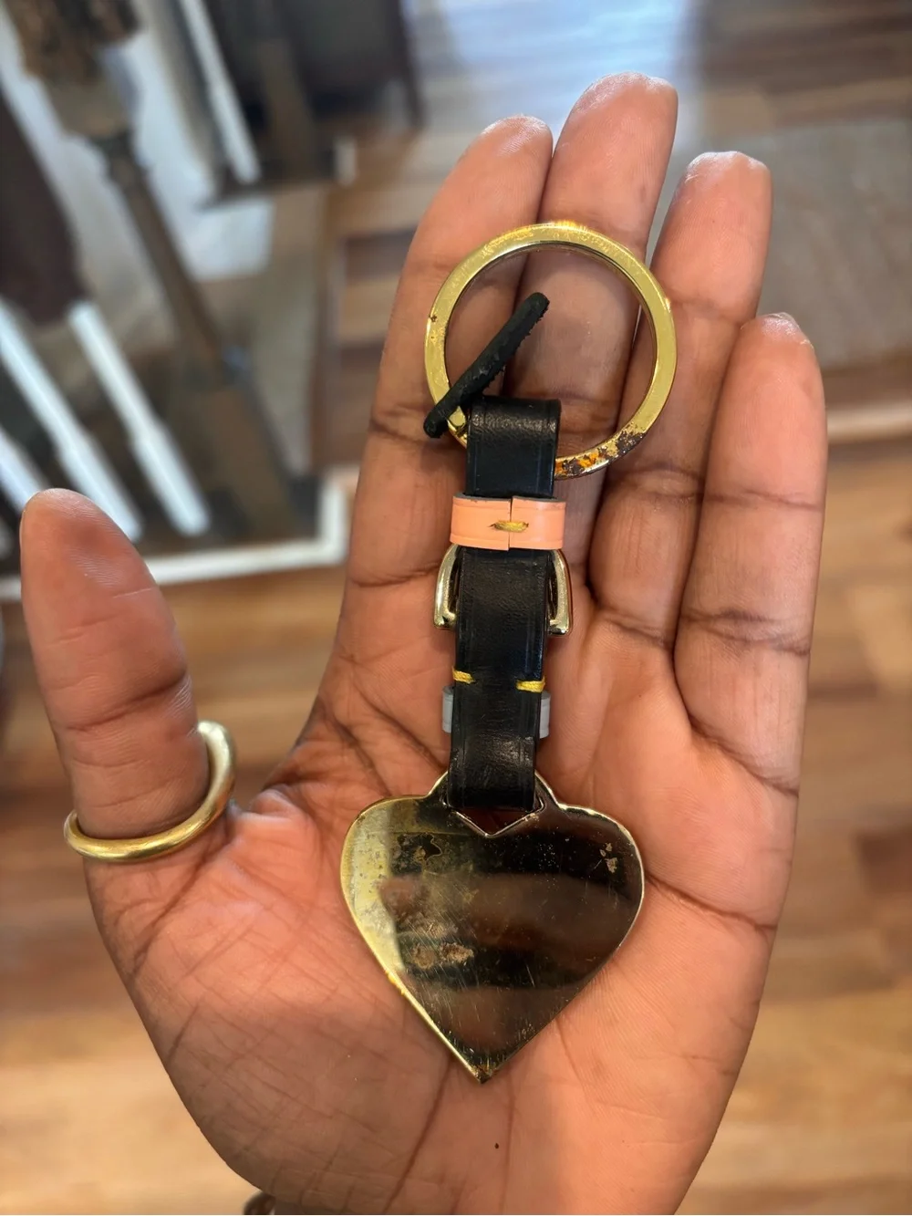 Vintage Dooney & Bourke Peach Heart Key Fob with Gold Trim and Black Strap